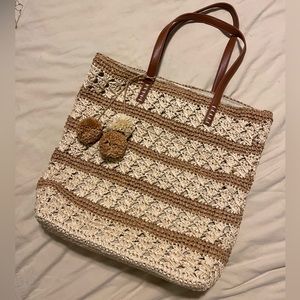 Nordstrom Straw Tote in Natural/Dark Natural with Straw Pom Poms
